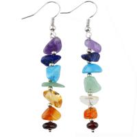 Gemstone Drop Earring, Natural Gravel, with Iron, silver color plated, fashion jewelry, mixed colors, 60mm 