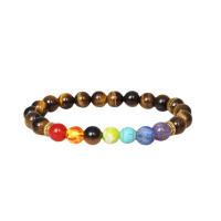 Gemstone Bracelets, Tiger Eye, with Natural Stone & Zinc Alloy, Round, gold color plated, vintage & Unisex & radiation protection, mixed colors, 8mm Approx 7.09 Inch 