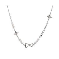 Titanium Steel Jewelry Necklace, with Plastic Pearl & Zinc Alloy, with 3.14inch extender chain, Bowknot, for woman & hollow Approx 20.4 Inch 