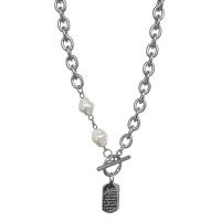 Titanium Steel Jewelry Necklace, with Plastic Pearl, oval chain & with letter pattern & for woman Approx 18.1 Inch 