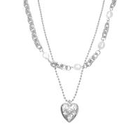Titanium Steel Jewelry Necklace, with Plastic Pearl & Zinc Alloy, with 1.96inch extender chain, Heart, Double Layer & ball chain & for woman Approx 16.9 Inch, Approx  18.8 Inch 