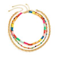 Fashion Multi Layer Necklace, Polymer Clay, with Seedbead & iron chain & Copper Coated Plastic, with 2.7inch extender chain, gold color plated, three pieces & for woman Approx 13.7 Inch, Approx 15.7 Inch 