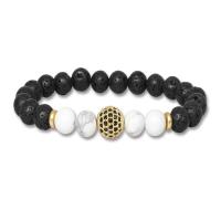 Lava Bead Bracelet, with Howlite & Brass, Round, gold color plated, Unisex & radiation protection & micro pave cubic zirconia, black, 8mm Approx 7.09 Inch 