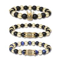 Gemstone Bracelets, Natural Stone, with Brass, Round, gold color plated, Unisex & radiation protection & micro pave cubic zirconia 8mm Approx 7.09 Inch 