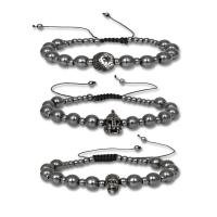 Hematite Bracelets, with Brass, Round, gun black plated, Adjustable & Unisex & radiation protection & micro pave cubic zirconia 8mm Approx 7.09 Inch 