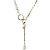 Freshwater Pearl Brass Necklace, with Freshwater Pearl, with 2.1inch extender chain, Butterfly, gold color plated, oval chain & micro pave cubic zirconia & for woman Approx 14.7 Inch 
