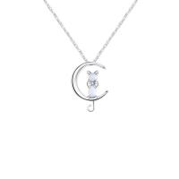 Sterling Silver Jewelry Necklace, 925 Sterling Silver, with Moonstone, Cat, platinum color plated, for woman, 23mm Approx 15.74 Inch 