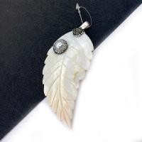 Rhinestone Shell Pendants, Freshwater Shell, with Rhinestone Clay Pave & Zinc Alloy, Leaf, Carved, white 