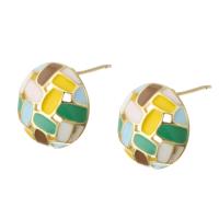 Brass Stud Earring, Round, gold color plated, fashion jewelry & for woman & enamel, multi-colored 