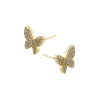 Cubic Zirconia Pendiente Brass Micro Pave, metal, Mariposa, chapado en color dorado, Joyería & micro arcilla de zirconia cúbica & para mujer, dorado, 10.5x9x14mm, Vendido por Par