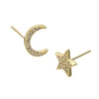 Cubic Zirconia Micro Pave Brass Earring, Moon and Star, gold color plated, fashion jewelry & micro pave cubic zirconia & for woman, golden, 8*11*14mm,8*8*14mm 