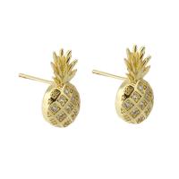 Boucles d'oreilles en laiton zircon cubique pavent, ananas, Placage de couleur d'or, bijoux de mode & pavé de micro zircon & pour femme, doré Vendu par paire