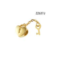 316L Stainless Steel European Large Hole Beads, heart and key, Vacuum Ion Plating, golden 