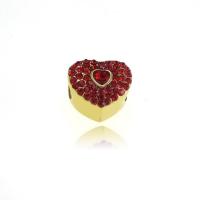 316L Stainless Steel European Large Hole Beads, Heart, gold color plated, with rhinestone 