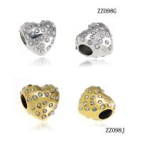 316L Stainless Steel European Large Hole Beads, Heart, plated, with rhinestone 