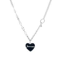 Sterling Silver Jewelry Necklace, 925 Sterling Silver, Heart, for woman & enamel, black Approx 15.74 Inch 