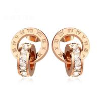 Stainless Steel Drop Earring, 304 Stainless Steel, Vacuum Ion Plating, fashion jewelry & with roman number & for woman & with rhinestone, rose gold color 
