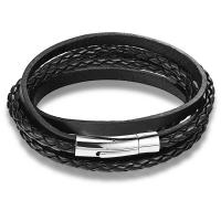 PU Leather Cord Bracelets, with 304 Stainless Steel, Vacuum Plating, fashion jewelry & multilayer & woven pattern, black cm 