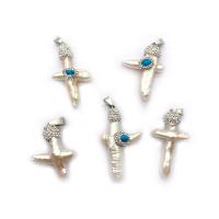 Freshwater Pearl Pendants, with Synthetic Blue Turquoise & Rhinestone Clay Pave, Cross, Unisex 25x32- 