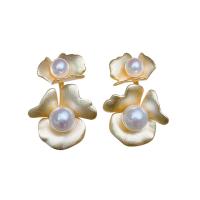 Freshwater Pearl Stud Earring, with 18K Gold, Flower, for woman & frosted, white, 15mm 
