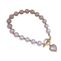 Natural Freshwater Pearl Necklace, with Cubic Zirconia & 18K Gold, Heart, for woman, pink, 7-8mm Approx 7.5 Inch 