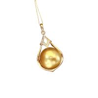 Golden South Sea Pearl Necklace, with Cubic Zirconia & 18K Gold, Round, for woman, golden, 11-12mm Approx 15.75 Inch 