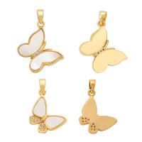 Cubic Zirconia Micro Pave Brass Pendant, with Shell, Butterfly, gold color plated & micro pave cubic zirconia, golden  