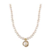 Natural Freshwater Pearl Necklace, Zinc Alloy, with Freshwater Pearl, with 2.36inch extender chain, Geometrical Pattern, gold color plated, micro pave cubic zirconia & for woman Approx 14.9 Inch 