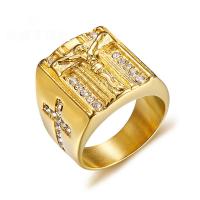 304 Stainless Steel Finger Ring, Vacuum Ion Plating & for man & with rhinestone, golden, 19mm 