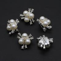 Iron Brooch, with Plastic Pearl, with rhinestone, silver color, 22mm 