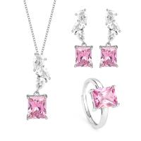 Sterling Silver Cubic Zircon Jewelry Sets, 925 Sterling Silver, finger ring & earring & necklace, with Cubic Zirconia, oval chain & for woman & with rhinestone, mixed colors cm 