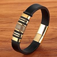 PU Leather Cord Bracelets, with 304 Stainless Steel, Vacuum Plating, fashion jewelry black 
