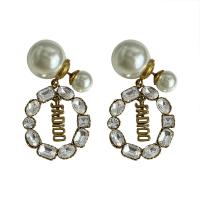 Zinc Alloy Rhinestone Drop Earring, with Plastic Pearl, Alphabet Letter, gold color plated, for woman & with rhinestone & hollow 