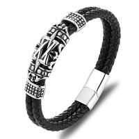 PU Leather Cord Bracelets, with 304 Stainless Steel, Vacuum Plating, fashion jewelry black 
