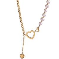 Titanium Steel Jewelry Necklace, with Shell Pearl, Heart, Vacuum Ion Plating, Unisex & hollow 50mm,10mm Approx 14.96 Inch 