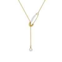 Titanium Steel Jewelry Necklace, with Shell Pearl, with 1.57Inch extender chain, Safety Pin, Vacuum Ion Plating, Unisex, golden 50mm Approx 17.72 Inch 