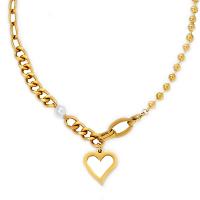 Titanium Steel Jewelry Necklace, with Shell Pearl, Heart, Vacuum Ion Plating, for woman & hollow 22mm Approx 17.72 Inch 