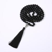 Fashion Fringe Necklace, Black Agate, with Polyester Yarns & Zinc Alloy, silver color plated, fashion jewelry, black, 8mm cm 