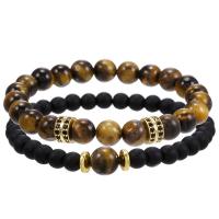 Gemstone Bracelets, Tiger Eye, with Abrazine Stone & Zinc Alloy, gold color plated, 2 pieces & micro pave rhinestone & for man, 6mm, 8mm Approx 7.2-7.6 Inch 