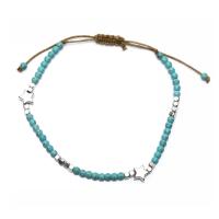 Zinc Alloy Anklet, with turquoise & Cotton Cord, platinum color plated, for woman, blue Approx 9.06 Inch 