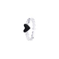 Anillo de dedo de latón, metal, Corazón, chapado en color de platina, para mujer & pegamento de gota, Negro, 7x9mm, tamaño:6.5, Vendido por UD