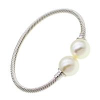 Brass Cuff Bangle, with Plastic Pearl, Unisex, silver color, 78mm 