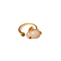 925 Sterling Silver Cuff Finger Ring, with Jade, Rabbit, gold color plated, Adjustable & for woman & with rhinestone 
