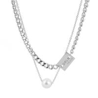 Titanium Steel Jewelry Necklace, with Plastic Pearl, Double Layer & Unisex, silver color Approx 45 cm 