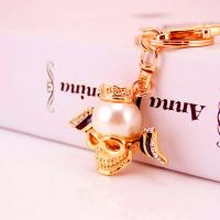 Zinc Alloy Key Clasp, with Czech Rhinestone & Plastic Pearl, Skull, high quality plated, fashion jewelry & Unisex & enamel, golden 