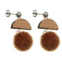 Wood Earring, 316 Stainless Steel, with Plush & Wood, 6 pieces & fashion jewelry & for woman, brown, 45mm 