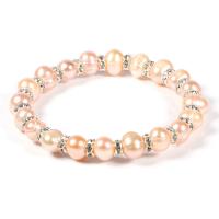 Cultured Freshwater Pearl Brass Bracelet, with Brass, Round, platinum color plated, Unisex & with rhinestone 9mm,6mm Approx 7.48 Inch 