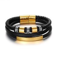 Leather Bracelet, with Titanium Steel, Vacuum Ion Plating, three layers & vintage & for man Approx 8.46 Inch 