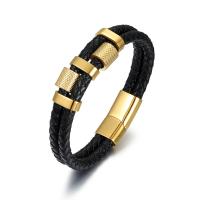 Leather Bracelet, with Titanium Steel, Vacuum Ion Plating, Double Layer & vintage & for man 15mm Approx 8.46 Inch 
