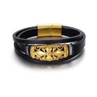 Leather Bracelet, with Titanium Steel, Vacuum Ion Plating, three layers & vintage & for man Approx 8.27 Inch 